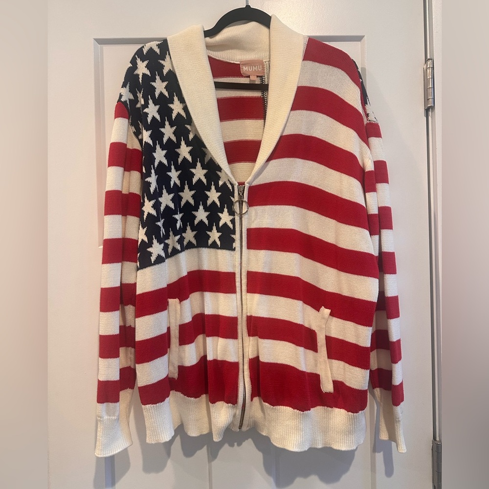 Show Me Your Mimi American Flag Zip Up Cardigan Sweater, size large